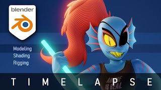 Creating Undyne from UNDERTALE in 3D - [Blender Stylized Modeling, Shading and Rigging Timelapse]