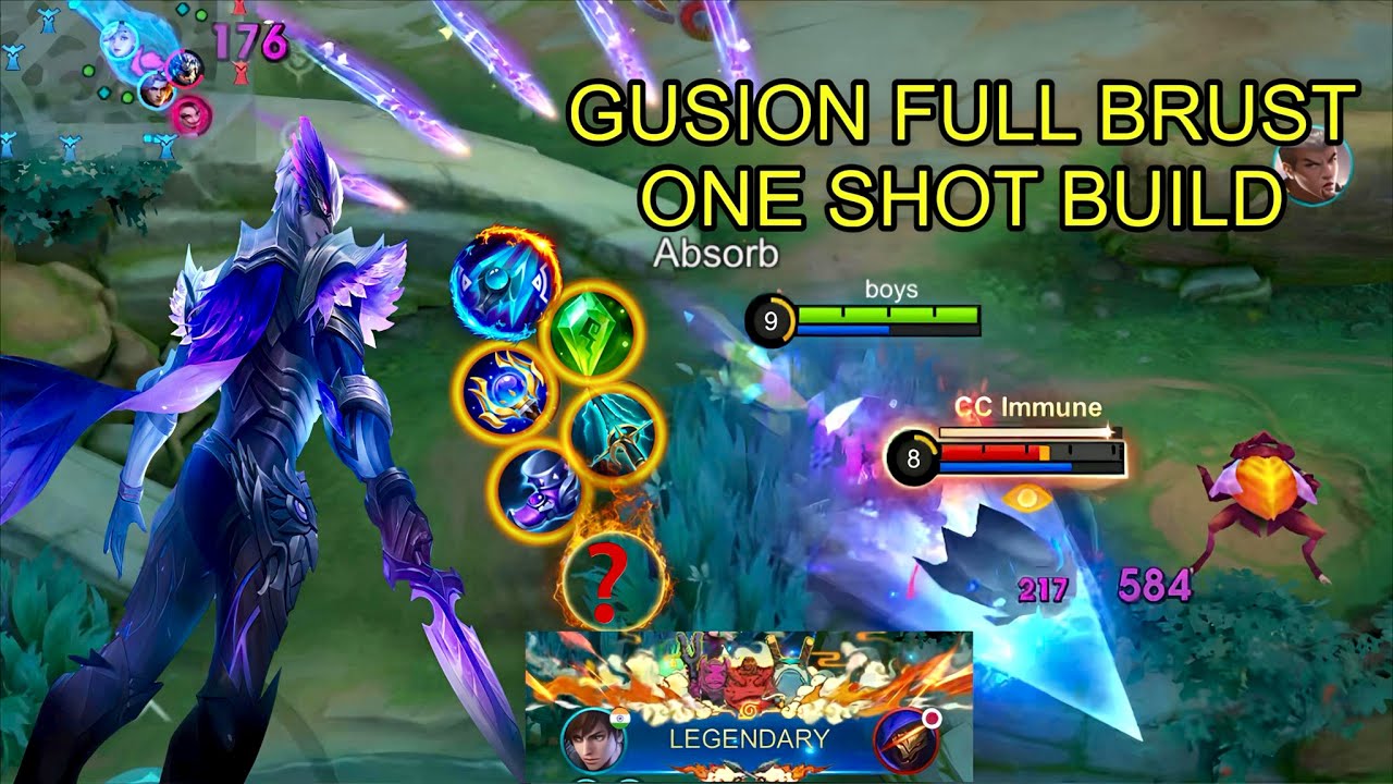Gusion burst damage build one shot no click bait real damage watch for mythic to mythic glory build 