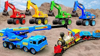 Rescue the truck from the pit with excavator and crane truck | Police car toy stories