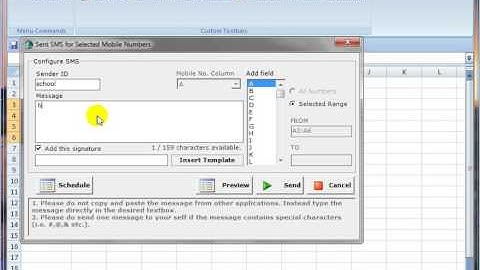 sed sms using Excel plugin