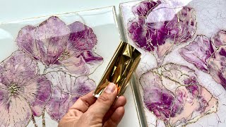 Golden pair fluidart matching acrylic pour painting floral art