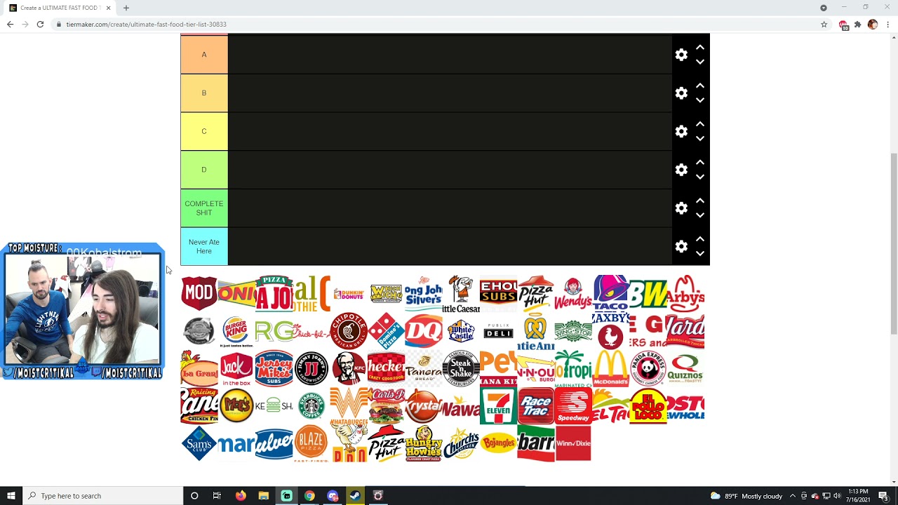 moistcr1tikal Stream July 16, 2021 Fast Food + Cartoon Network Cartoon Tier Lists