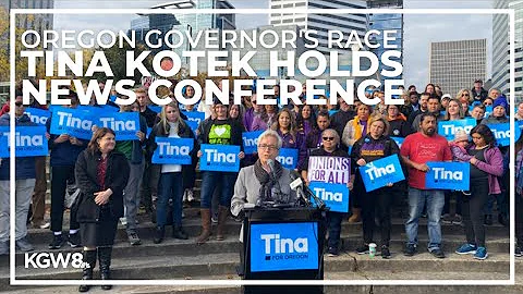 Tina Kotek holds news conference after declaring v...