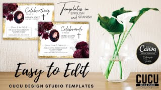 CANVA FUNERAL CARD | Funeral Invitation Card Template with Burgundy Flowers | FAC105