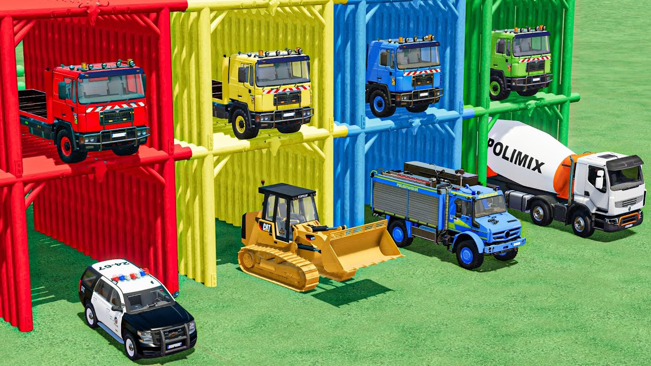 GARAGE with COLORS - TRANSPORTING POLICE CARS , FIRE TRUCK , LOADER , MUD | FS22