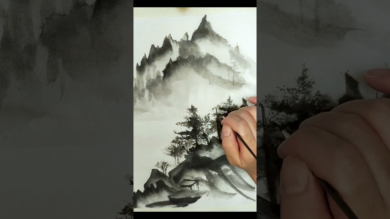 山」水墨画Depicting 