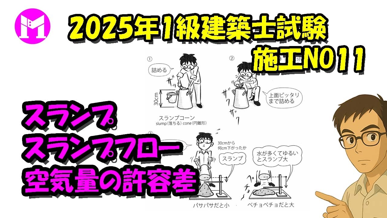 2025年1級建築士試験施工NO11　スランプ、スランプフロー、空気量の許容差