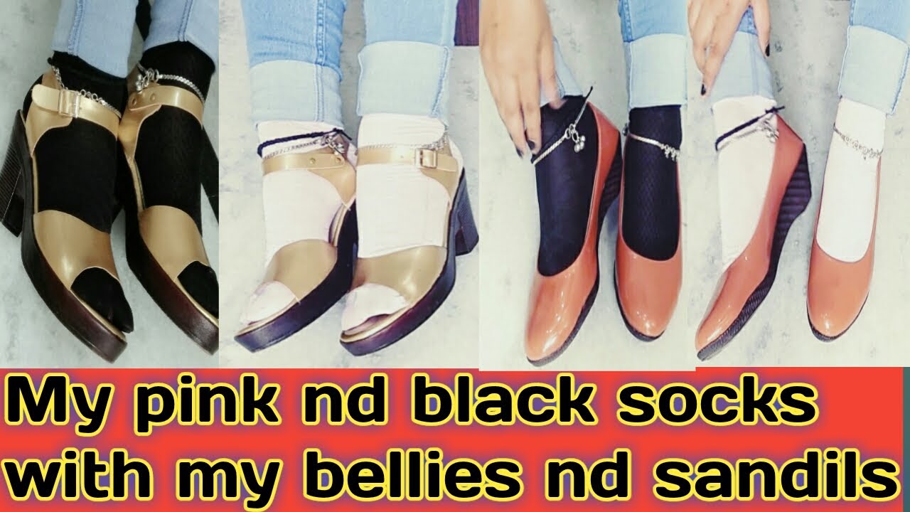 My pink and black socks wearing with bellies nd beautiful high heel footwear stylish footwears