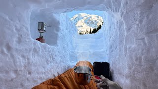 Building & Survival Camping in DEEP SNOW Shelter | 12ft (4m) Deep Snow Cave!