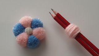 Making Pom Pom Flowers with Pencil🥰How to Make a Pom pom✔Woolen Ball Making/Easy Pompom Making