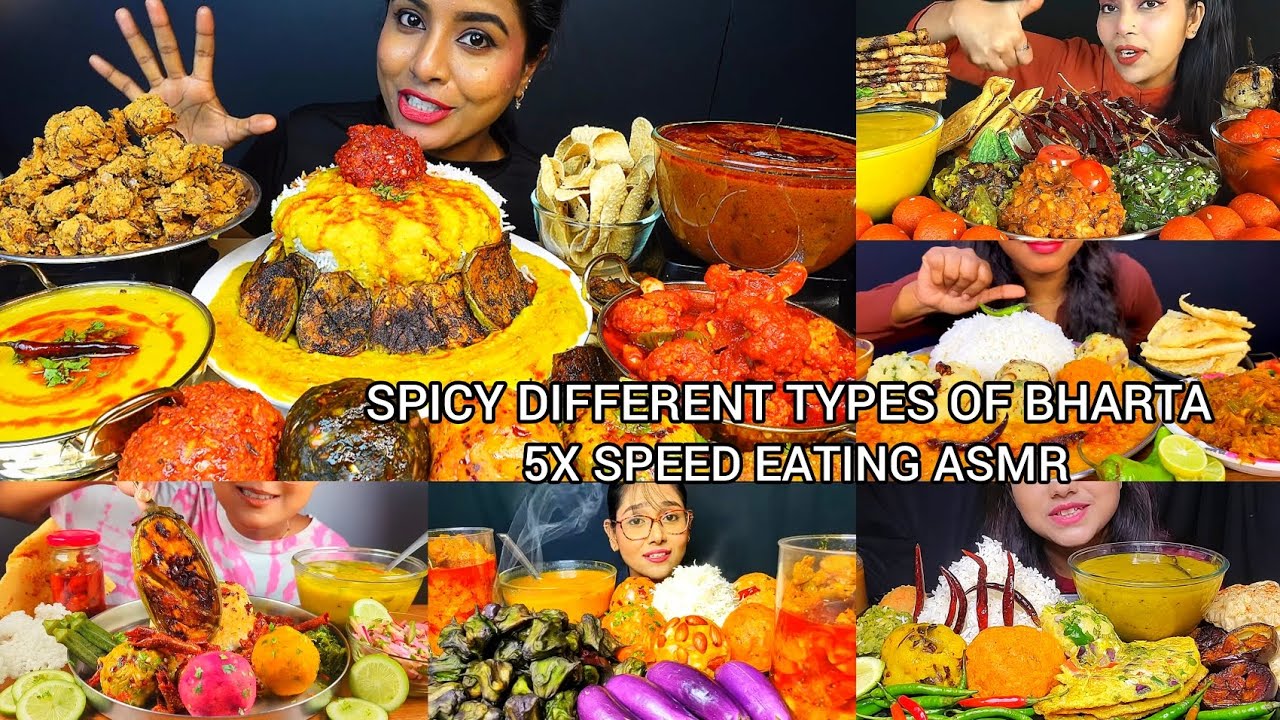 BENGALI FOOD/EATING SPICY DIFFERENT TYPES OF BHARTA,DAAL,ACHAR,SALAD/BIG BITES/ASMR
