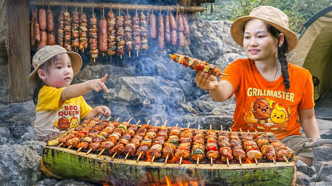 Making Grilled Meat on a Banana Tree -  Treat for My Mother-in-Law Who Came to Visit the Farm