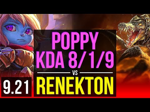 POPPY vs RENEKTON (TOP) | 1.8M mastery points, KDA 8/1/9, 500+ games | Korea Diamond | v9.21