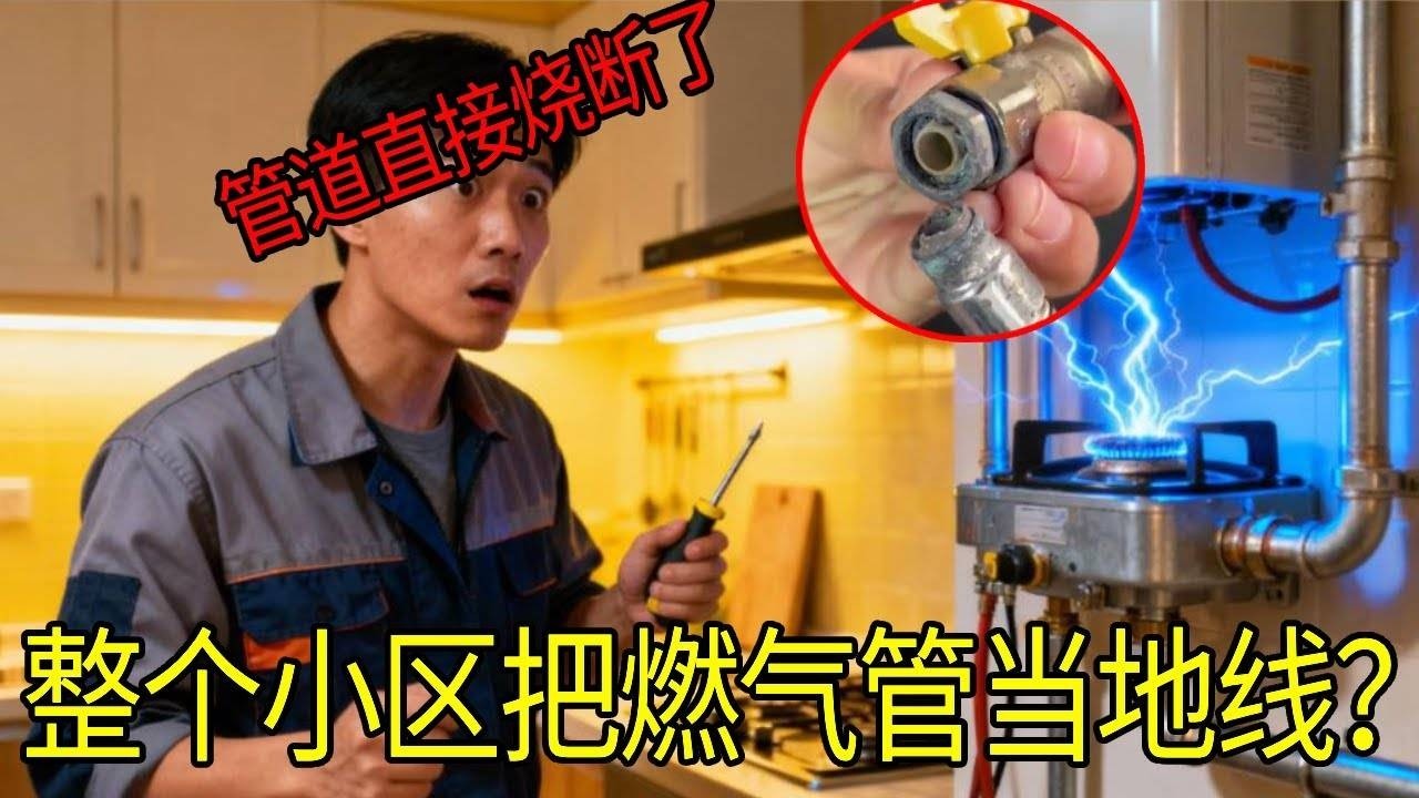 客户家燃气管都烧断了，整个小区把燃气管道当地线，这物业不要命了？【城阳电工电路】