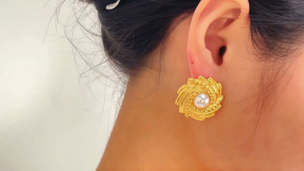 18K Gold Titanium Steel Freshwater Pearl Earrings