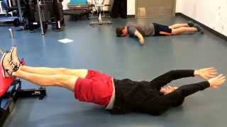 Bench supine arm leg march, hips extension