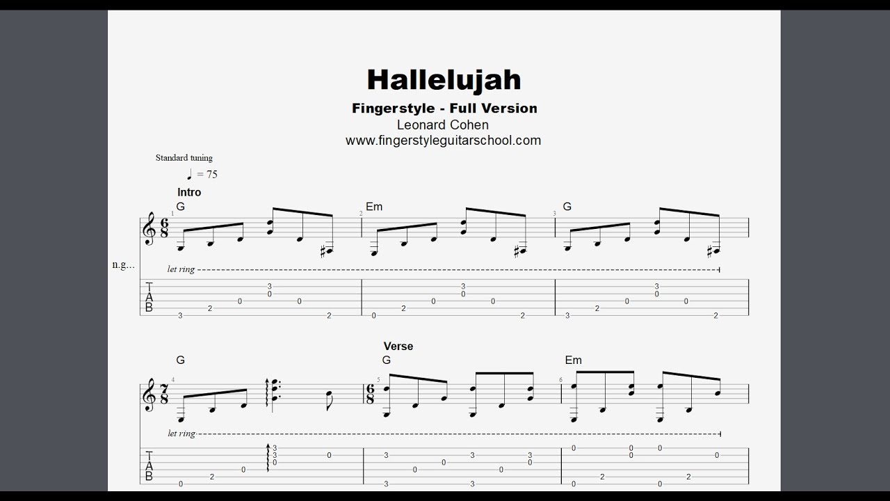 HALLELUJAH FULL Fingerstyle Guitar Tab LEONARD COHEN YouTube
