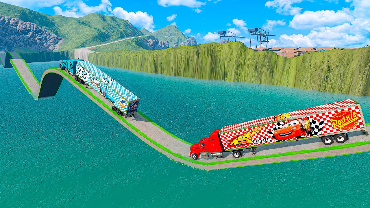 Mack Truck vs King Dinoco Truck vs Impossible Wave Bridge Crossing Cars Vs Deep Water - BeamNG.Drive