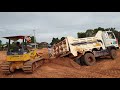 Dump Truck Stuck in Deep Wet Soil And Pulling Out By Bulldozer | Dump truck working |  รถดั๊มพ์