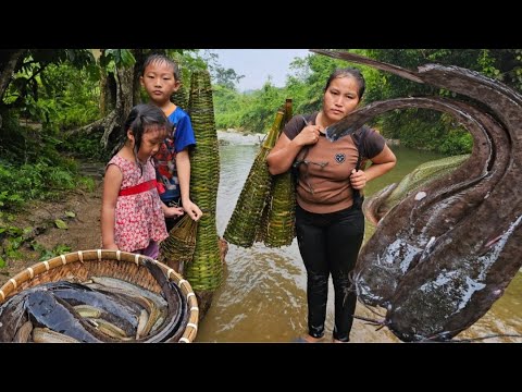 How to weave bamboo to block water to catch fish from natural streams ...