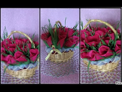 БУКЕТ ИЗ КОНФЕТ В КОРЗИНЕ С БУТОНАМИ РОЗ СВОИМИ РУКАМИ.
