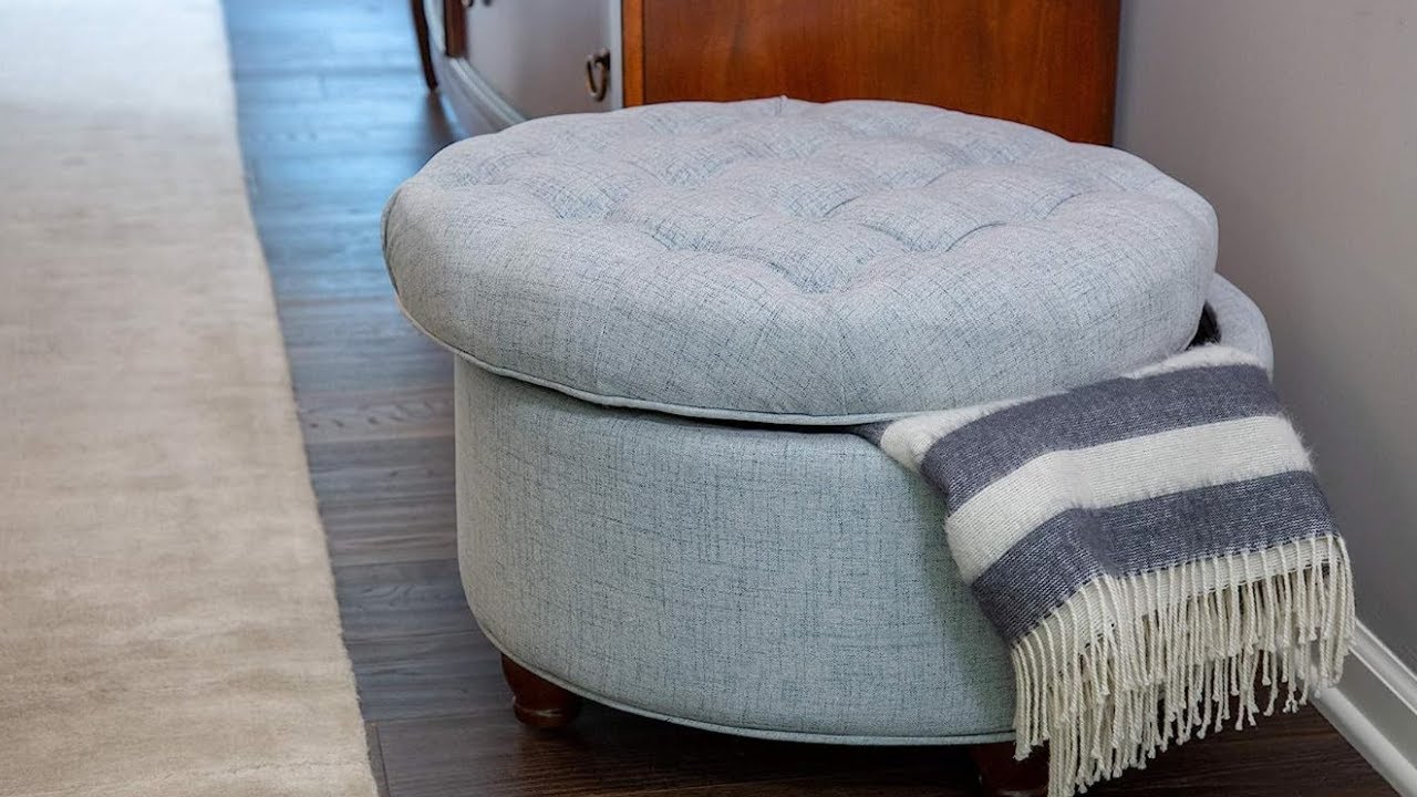 Homepop Home Decor | Large Button Tufted Woven Round Storage Ottoman | Ottoman with Storage