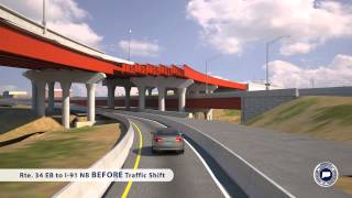 Digital simulation of before and after the June 2015 traffic shift of the Route 34 EB to I-91 NB
