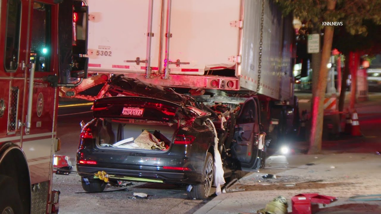 Driver Killed in Crash Into Parked Semi in Shadow Hills - YouTube