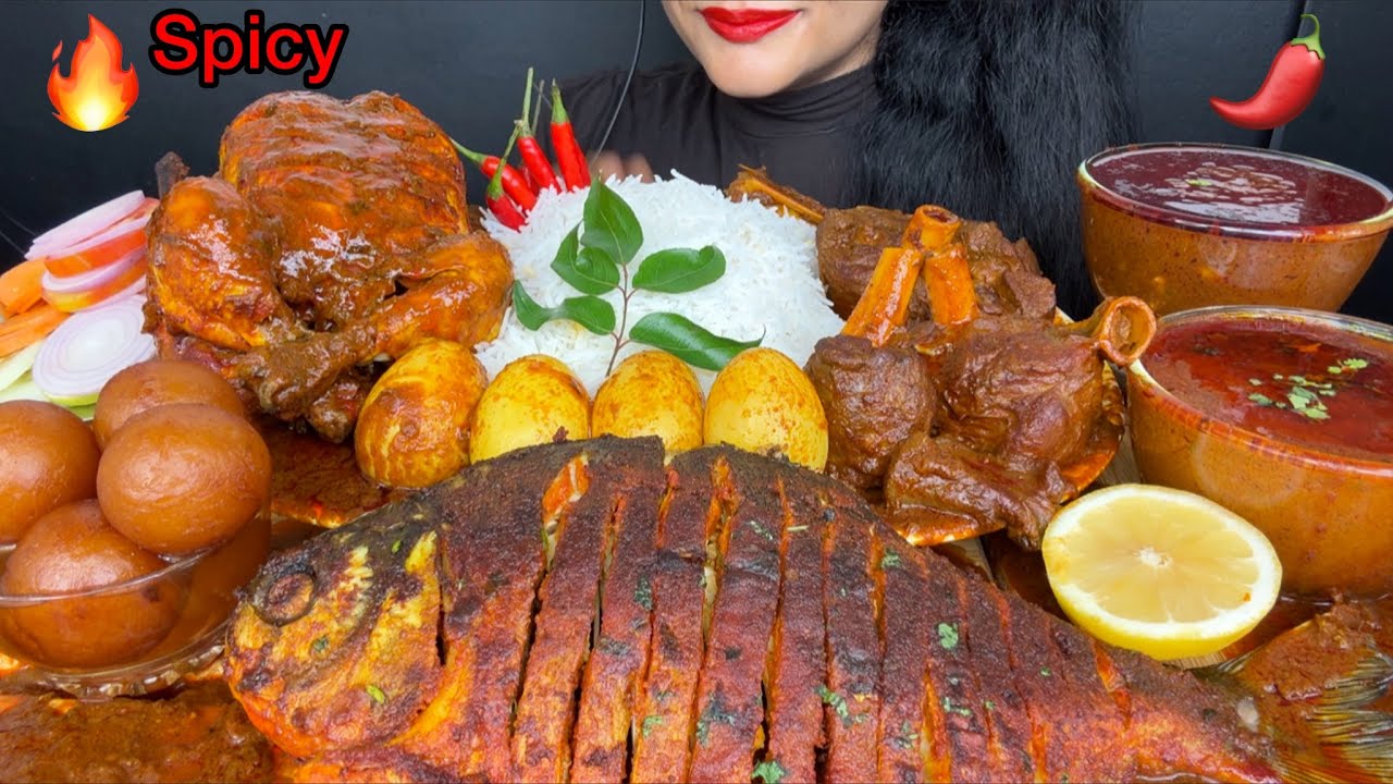 ASMR EATING MUTTON CURRY+WHOLE CHICKEN CURRY+WHOLE FISH FRY,GULAB JAMUN+WHITERICE+SALAD