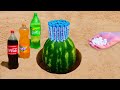 Experiment !! Watermelon VS Mentos, Cola, Different Fanta and Sprite in Big Underground