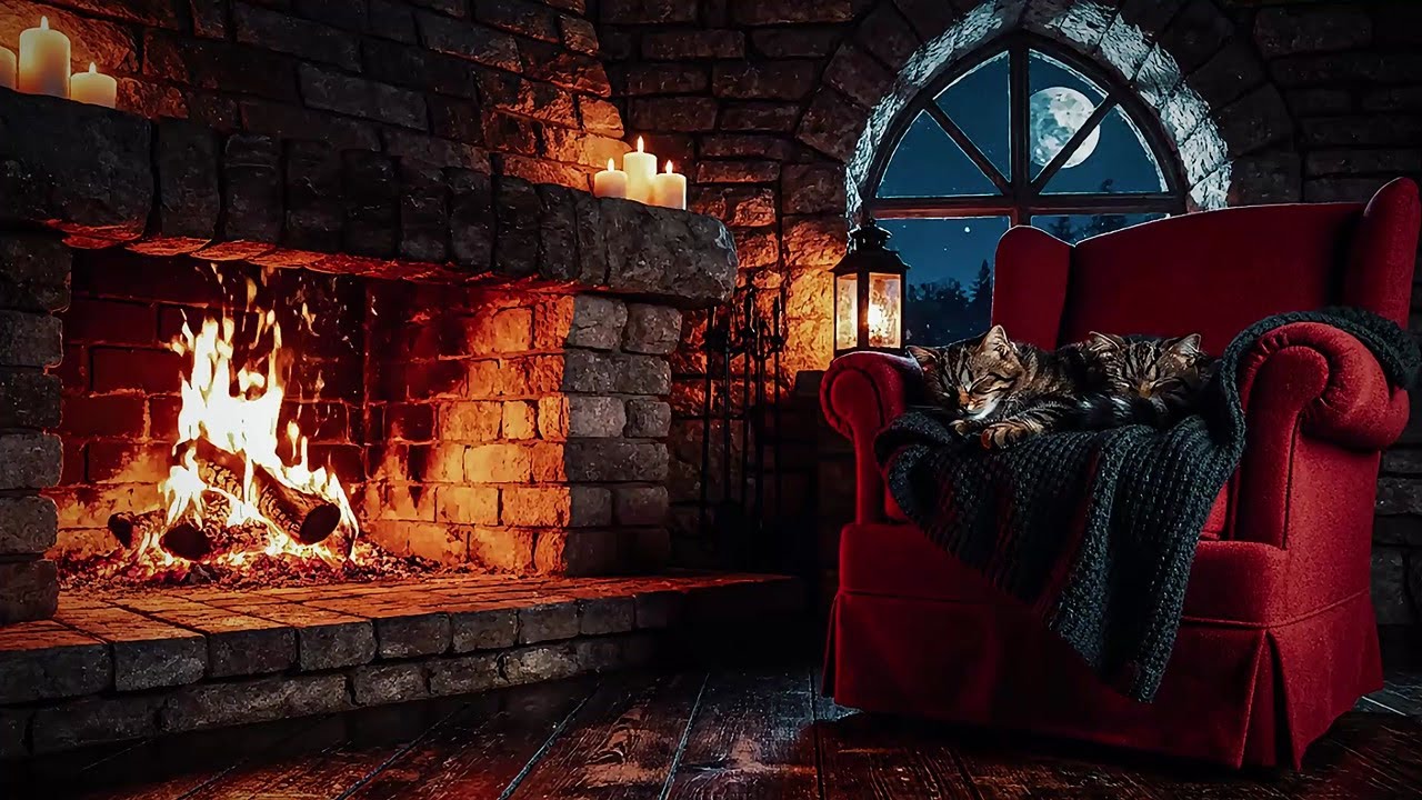 Warm Fireplace Night with Sleeping Cat| Healing Piano Music