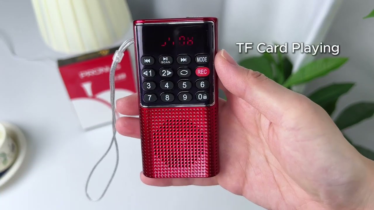 PRUNUS J-328 Mini Pocket FM Walkman Radio: SD card player, rechargeable battery, recorder, lock key.