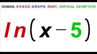 f(x)=ln(x-5) domain, range, vertical asymptote, root, graph