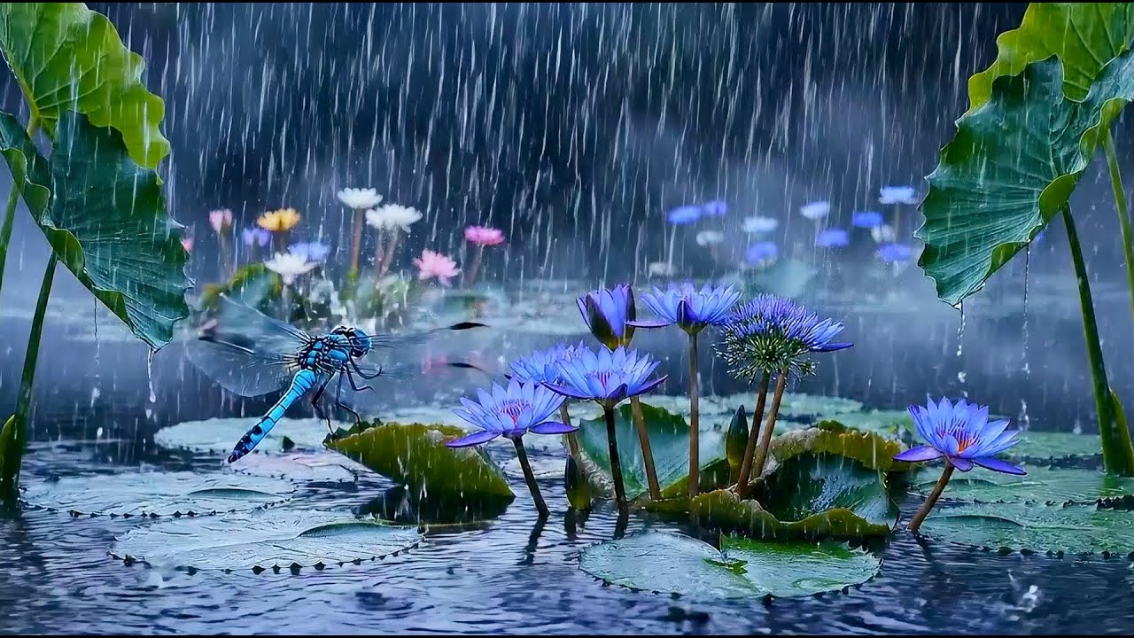 ASMR Dragonfly Rain  Blue Lotus Reflections and Relaxation ASMR (4K Nature's Diary)