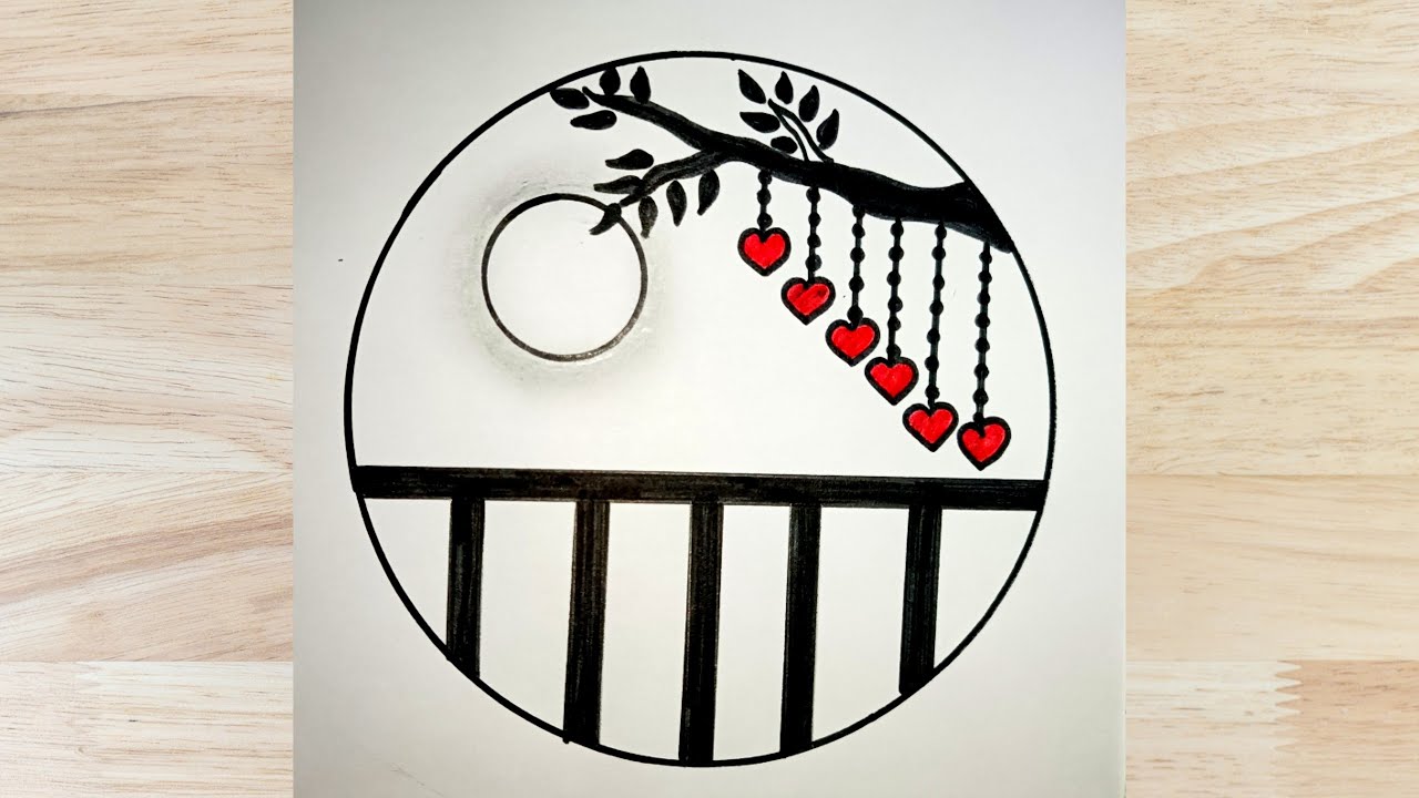 How to draw moonlight with red heart Circle drawing easy way  