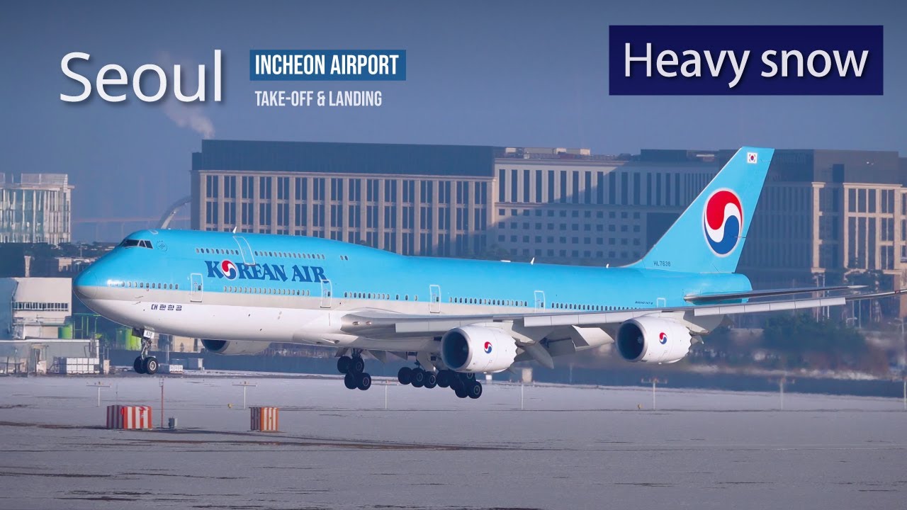 В аэропорту Инчхон сильный снегопад, взлет и посадка огромного самолета [ICN/RKSI],