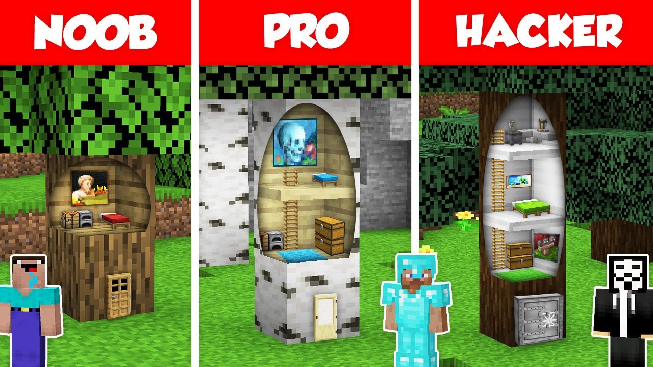 INSIDE TREE ONE BLOCK BASE HOUSE BUILD CHALLENGE - NOOB vs PRO vs ...
