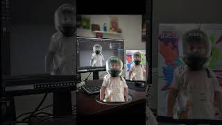 cute child wearing helmet on vomputer