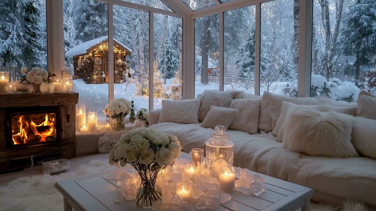 🌙 Calm Winter Piano | Cozy White Interior Flowers & Snow (5 Hours) | Sleep Focus Relax Healing Work