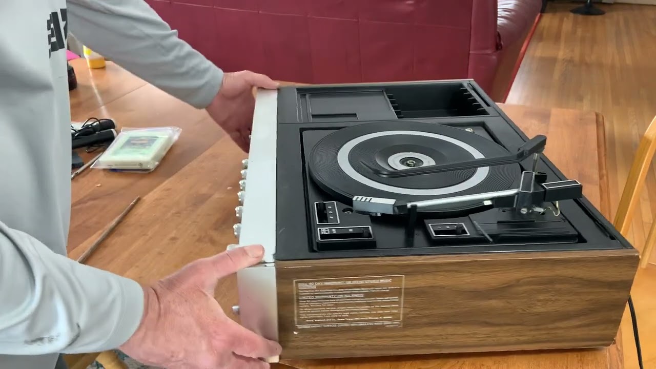 Sears solid state stereo system with BSR turntable, cassette, and 8-track player repair and restore.