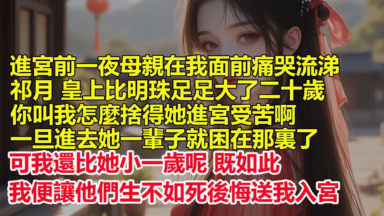 在進宮前一夜母親在我面前痛哭流涕，祁月，皇上比明珠大了足足二十歲，你叫我怎麼捨得她進宮受苦啊，一旦進去她一輩子就困在那裏了，可我還比她小一歲呢，既如此我便讓他們生不如死，後悔送我入宮...