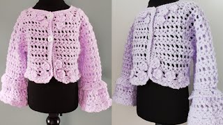 Crochet #116 How to crochet bell sleeve cardigan for girls ( 1-7 years sizes)