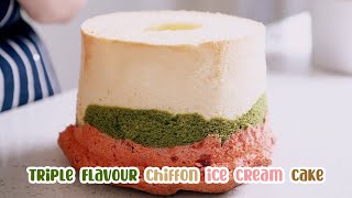 【ASMR 4K】Chiffon cakeThree flavors in one cakeMatcha/Original/Strawberry