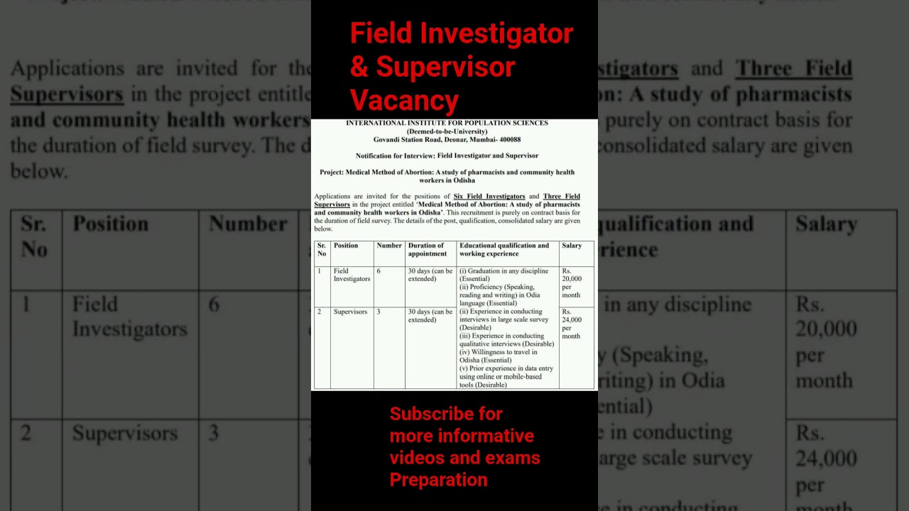 Field Investigator and Supervisor Vacancy at International Institute For Population Sciences