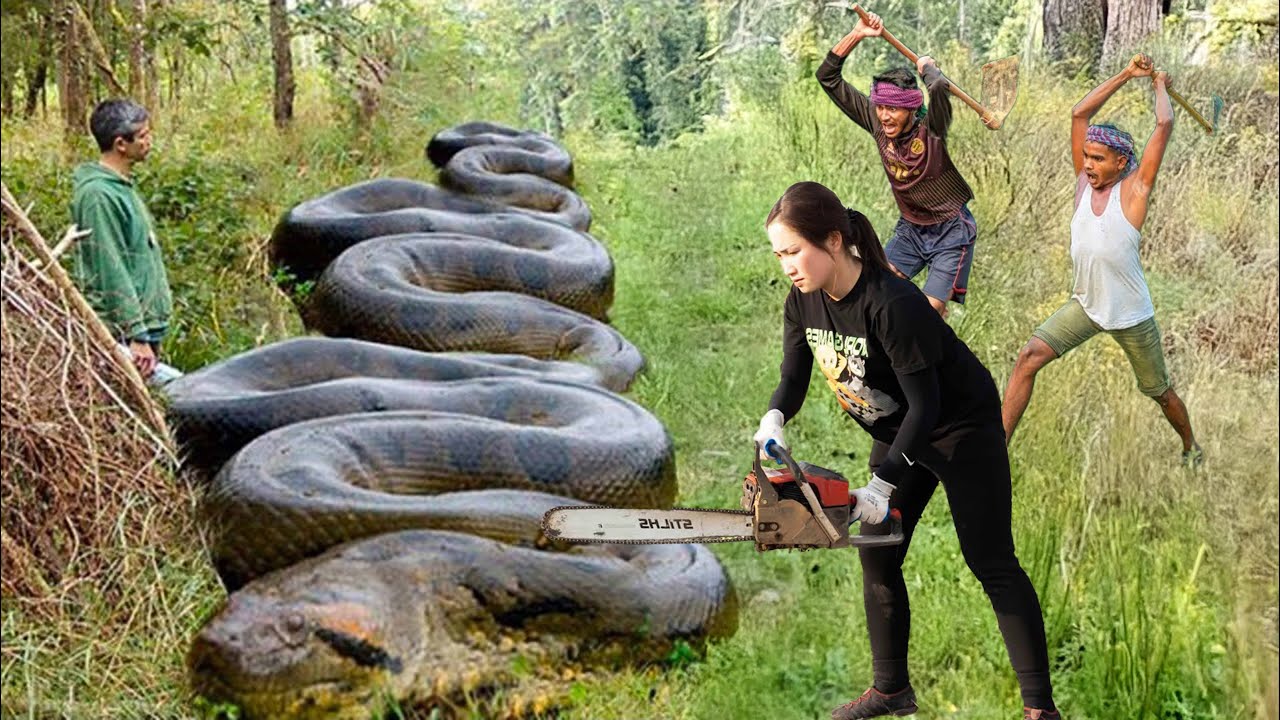 Female hunter uses chainsaw to confront 18 meter long python while harvesting on Forbidden Mountain