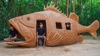 Build Small House Design as Fish for Survival Shelter in Jungle - Building Art