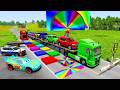 Flatbed Trailer McQueen Transportation with Truck - Speedbumps vs Cars vs Train - BeamNG.Drive #208
