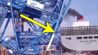 Out of control CONTAINER SHIP RAMS CRANES!!