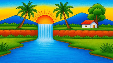 How to Draw Beautiful Village Scenery with Waterfall & Sunset | Easy Drawing Tutorial Step by Step
