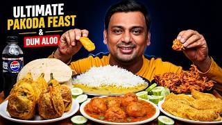 ASMR MUKBANG | DUM ALOO, 3 TYPES OF PAKODA, DAL RICE & ROTI | INDIAN VEG EATING SHOW